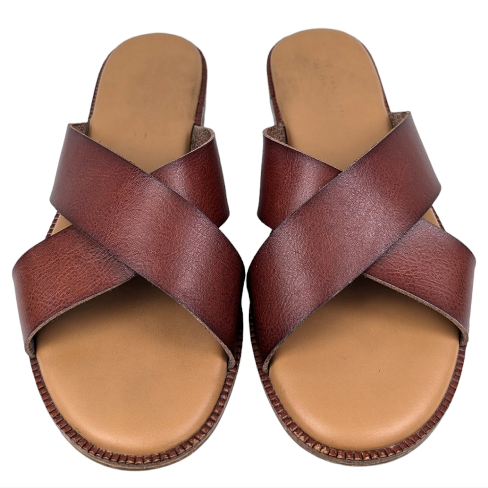 Cynthia Rowley Libra Sandals Wide Strap Criss Cross Vegan Boho Rustic Cognac 6.5